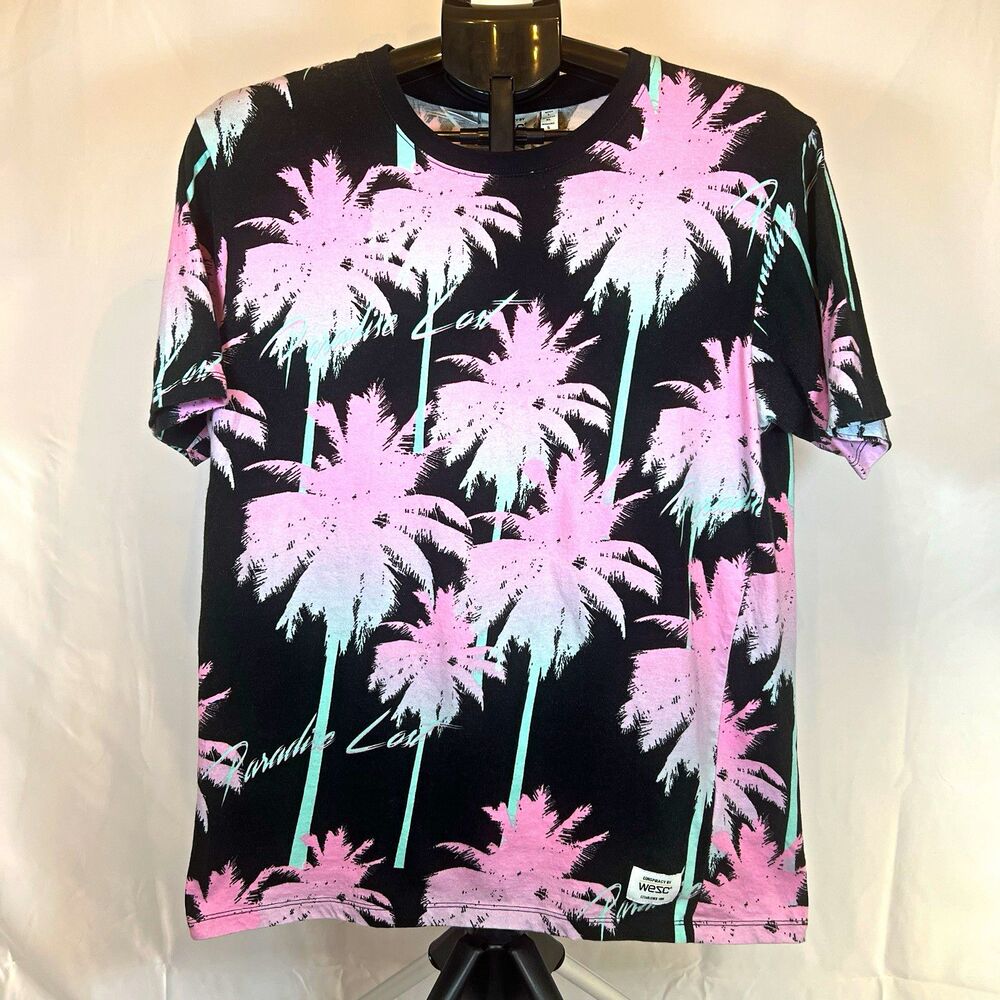 WeSC Men's T-Shirt Crew Neck Short Sleeve Black Pink Tropical Palm Size L